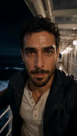 A reporter on the deck of the Titanic at night