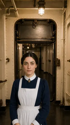 A maid in front of a watertight door on the Titanic