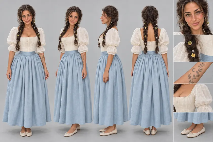 Character sheet: the traveler from the front, three-quarter, side and back, with details of her outfit