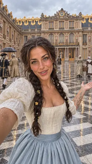 Starting image: the traveler in the marble courtyard of Versailles on a rainy morning