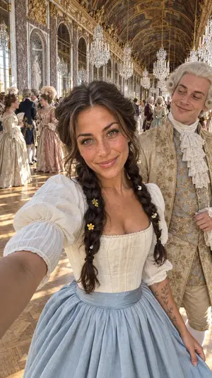 Starting image: the traveler in the Hall of Mirrors, a courtier behind her