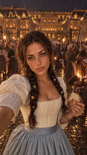 Starting image: the traveler outside the palace at night, among the crowd and the torches